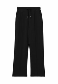 Zwarte broek met wijde pijpen, gemaakt van zachte stof, met een elastische tailleband en een trekkoord, en zijzakken voor extra gemak.