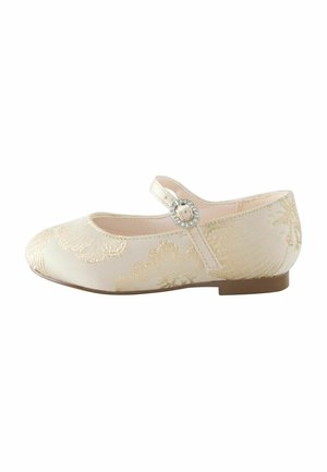 Hellbeige Ballerinas mit goldener Blumenstickerei, einer abgerundeten Zehenpartie und einem geschnallten Riemen über dem Spann. Flache, niedrige Sohle.
