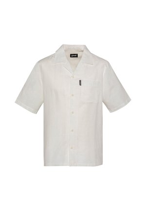 Hvid kortærmet skjorte med knapper foran og en brystlomme med en lille sort Schott mærkat på lommen.
