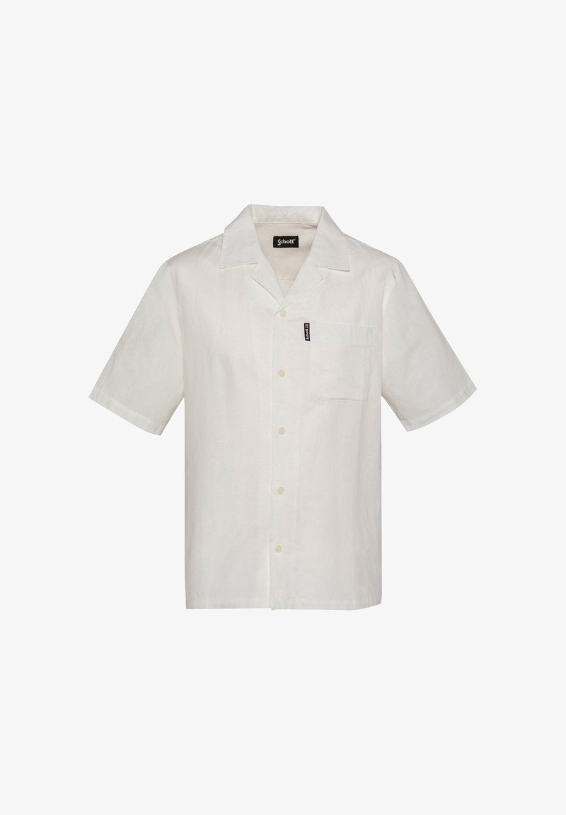 Chemise blanche à manches courtes avec boutons, poche avant et col, arborant une petite étiquette noire de la marque Schott sur la poche.