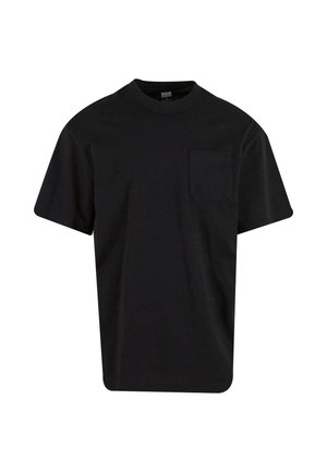 Black cotton t-shirt with a round neck, short sleeves, and a chest pocket. Simple design with a relaxed fit and smooth texture.