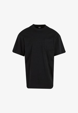 Sort bomuld t-shirt med rund hals, korte ærmer og en brystlomme. Simpelt design med en afslappet pasform og glat tekstur.