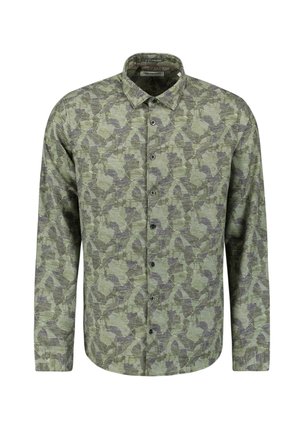 Lange mouw knoophemd in het groen met een camouflagepatroon. Gestructureerde stof, puntkraag en zeven knopen aan de voorkant.