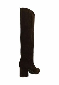 Bottes en daim marron au-dessus du genou avec un haut courbé, un talon épais et un détail de couture subtil sur le côté. Texture lisse.