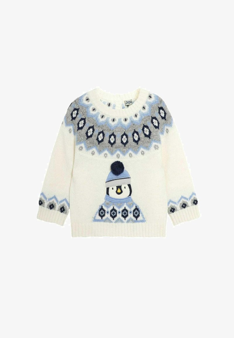 Witte gebreide trui met een blauw en grijs patroon op de schouderpassen en een pinguïn graphic in een blauwe hoed, met donkere knopen op de manchetten.