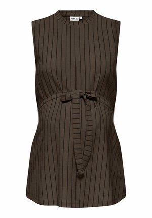 Ermeløs mørk brun mammaprøve med tynne vertikale svarte striper og et snørebelte foran under bysten.