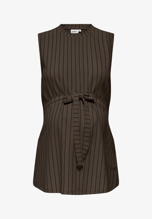 Haut de maternité sans manches, couleur brun foncé, avec de fines rayures verticales noires et une ceinture nouée à l'avant sous la poitrine.