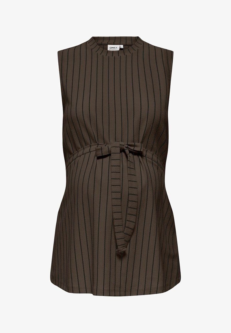 Těhotenský top bez rukávů v tmavě hnědé barvě s tenkými vertikálními černými pruhy a předním zavazovacím páskem pod ňadry.