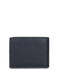 Donkerblauwe leren portemonnee met een gladde textuur, bi-fold ontwerp en zichtbare stiksels. Compacte vorm met een eenvoudig, modern uiterlijk.
