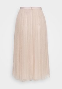 Jupe midi plissée en tulle beige clair avec un motif à petits pois subtil, dotée d'une ceinture en satin et d'une fermeture éclair au dos.
