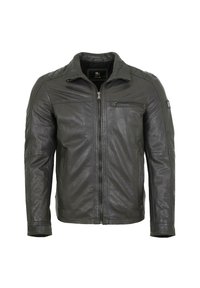 Black leather jacket with a zip front, stand collar, and textured panels. Features a small zippered pocket on the chest.