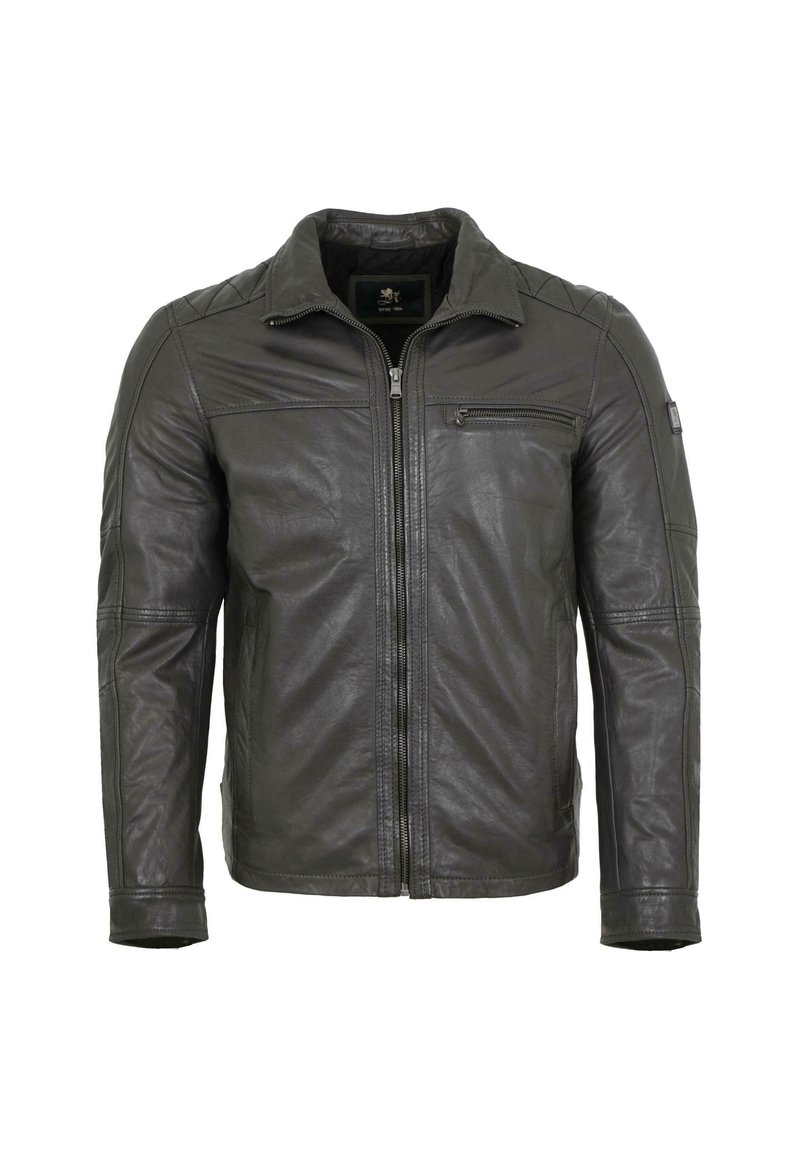 Black leather jacket with a zip front, stand collar, and textured panels. Features a small zippered pocket on the chest.