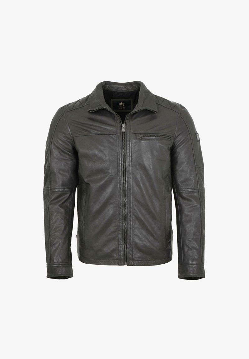 Black leather jacket with a zip front, stand collar, and textured panels. Features a small zippered pocket on the chest.