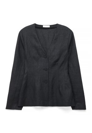 Black long-sleeve tailored blazer with a V-neckline, three front buttons, and a slightly fitted waist on a white background.