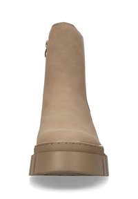 Beige Knöchelstiefel mit glatter Oberfläche, seitlichem Reißverschluss, abgerundeter Spitze und dicker Gummisohle. Minimalistisches Design mit gestickten Akzenten.