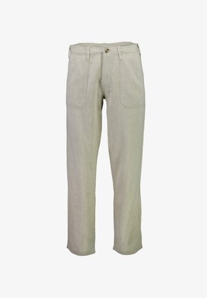 Pantalones de lino en un tono beige claro, con corte recto, dos bolsillos frontales y cierre de botón con pasadores para cinturón.