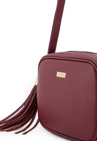 Burgundy leather crossbody bag with a textured finish, square shape, gold hardware, and fringe detail on the side. Labeled "Venezia."