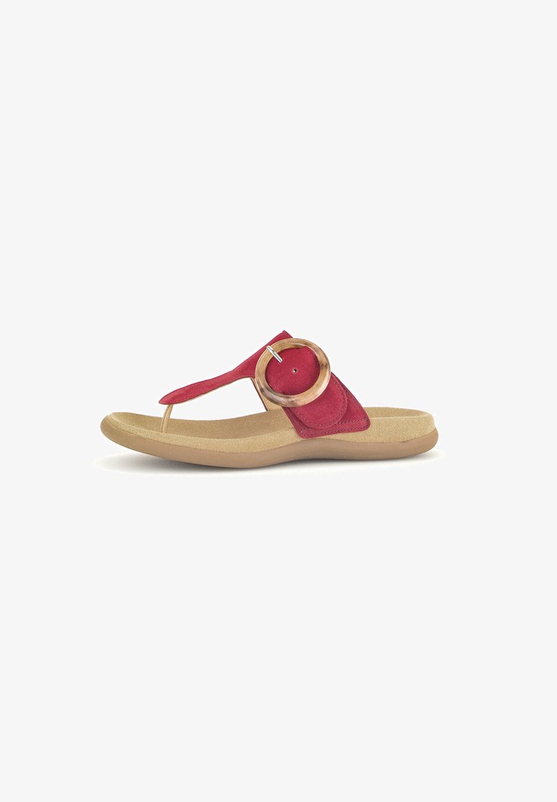 Red suede thong sandal with a rounded toe post, large wood-like buckle accent, and beige rubber sole. Smooth, flat footbed design.