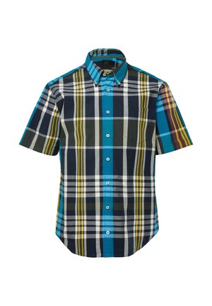 Koszula na krótki rękaw z guzikami, w wielokolorową kratkę w odcieniach niebieskiego, żółtego, białego i zielonego.