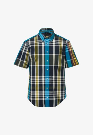 Koszula na krótki rękaw z guzikami, w wielokolorową kratkę w odcieniach niebieskiego, żółtego, białego i zielonego.