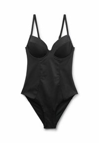 Maillot de bain noir une pièce avec bonnets moulés, bretelles ajustables et une texture lisse et brillante. Son design épuré met en valeur la silhouette.