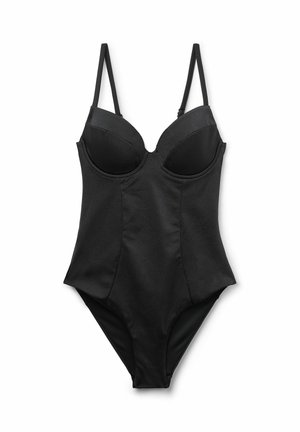 Costume da bagno intero nero con coppe modellate, spalline regolabili e una texture liscia e lucida. Il design elegante esalta la forma del corpo.
