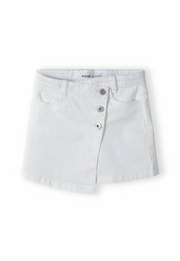 Vit denimkjol med framknäppning som har tre silverknappar, två sidofickor och en lätt A-linjeform.