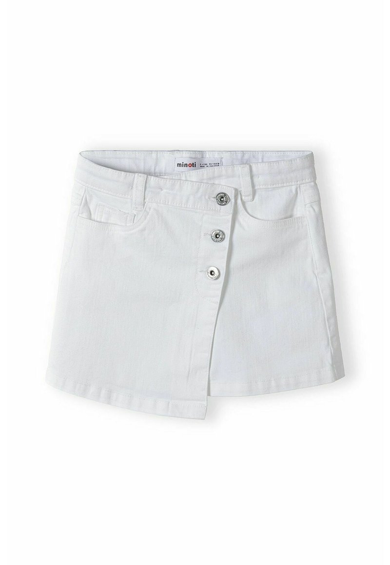 Vit denimkjol med framknäppning som har tre silverknappar, två sidofickor och en lätt A-linjeform.