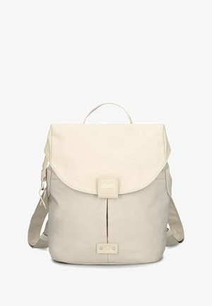 Sac à dos bicolore beige avec fermeture à rabat, poignée supérieure, bretelles réglables et fermoir avant portant l'inscription "Zwei" sur fond blanc.