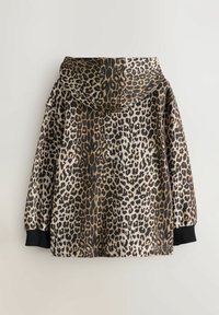 Mikina s kapucňou, s leopardím vzorom v hnedej a čiernej farbe, s rebrovanými manžetami a voľným strihom. Mäkká textúra.