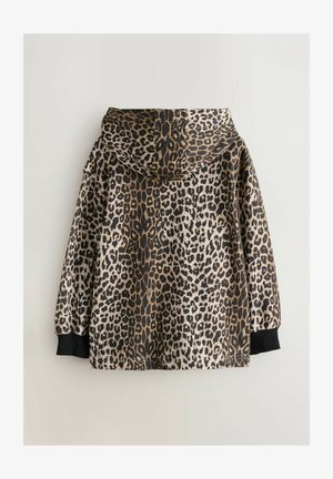 Kapturowa kurtka w leopardzi wzór w kolorach brązowym i czarnym, z prążkowanymi mankietami i luźnym krojem. Miękka w dotyku.