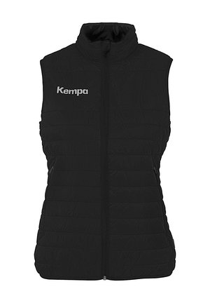 Zwarte insulated vest met een hoge kraag, horizontaal quiltpatroon en voorrits. Bevat het "Kempa" logo op de linkerborst.