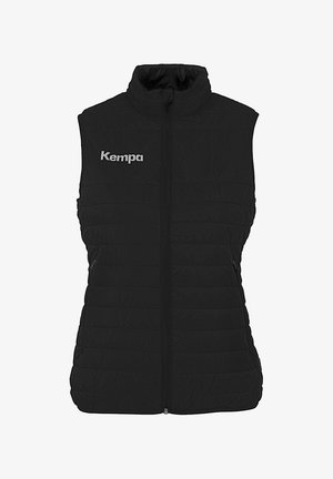 Zwarte insulated vest met een hoge kraag, horizontaal quiltpatroon en voorrits. Bevat het "Kempa" logo op de linkerborst.
