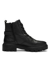 Black leather lace-up ankle boot with side zipper, pull tab, chunky treaded sole, and low heel.