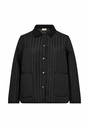 Black quilted jacket with vertical stitching, snap button front, two front pockets, and a soft collar.