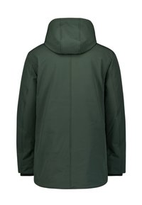 Groene waterdichte jas met capuchon, middenlange ontwerp, gladde textuur, achteraanzicht. Heeft verticale stiksels langs de rug.