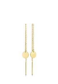 Boucles d'oreilles en métal doré avec des disques circulaires et des accents en barres verticales allongées pour un design minimaliste.