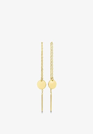 Goldfarbene Kettenohrringe mit kreisförmigen Scheiben und vertikalen, verlängerten Stabakzenten für ein minimalistisches Design.