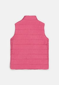 Pink sleeveless puffer vest with horizontal stitching and a high collar. Smooth texture and lightweight material, suitable for layering.
