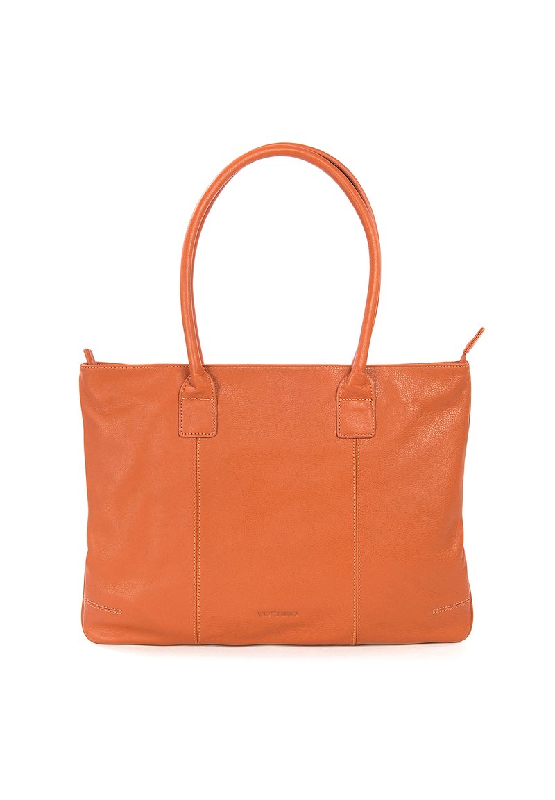 Borsa tote in pelle di un vivace arancione, con due manici robusti, una trama liscia e un delicato dettaglio di cucitura lungo i lati.