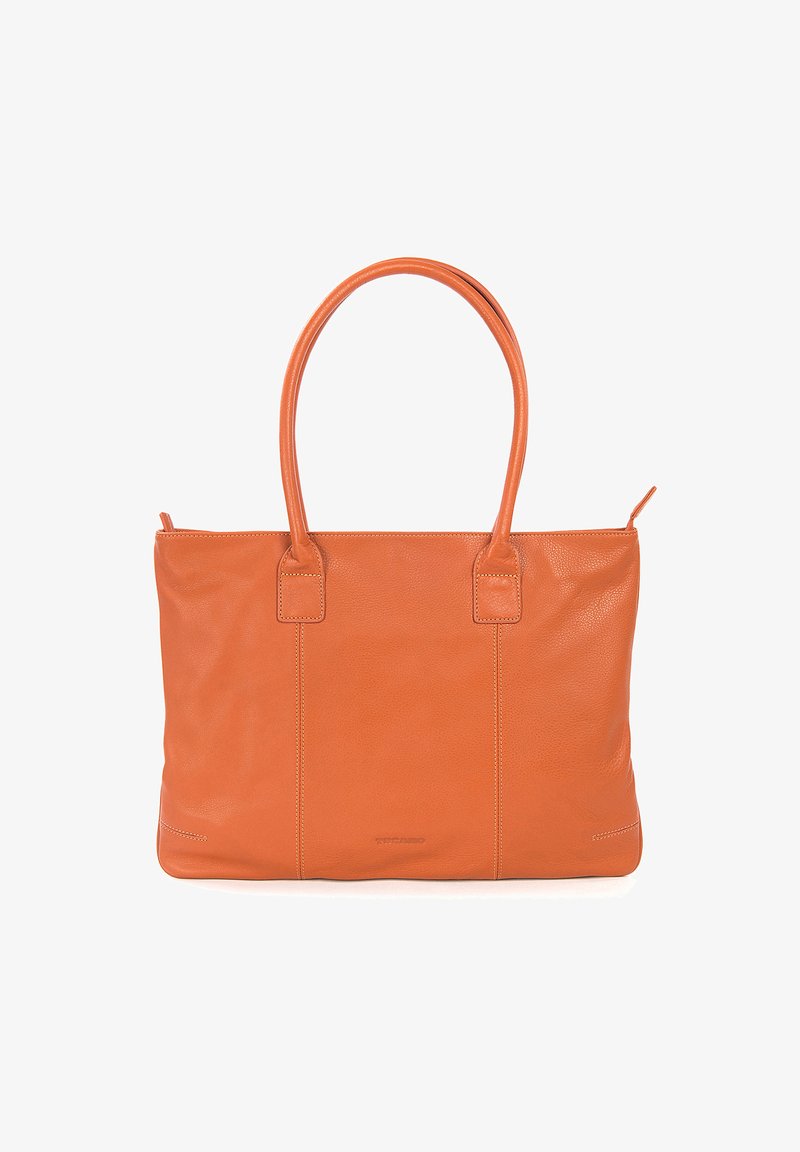 Borsa tote in pelle di un vivace arancione, con due manici robusti, una trama liscia e un delicato dettaglio di cucitura lungo i lati.