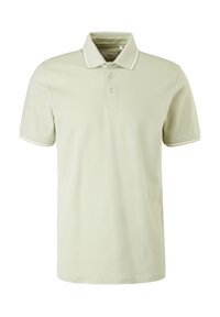 Polo beige clair à manches courtes avec col, patte à deux boutons et finition blanche discrète sur les bords du col et des manches.