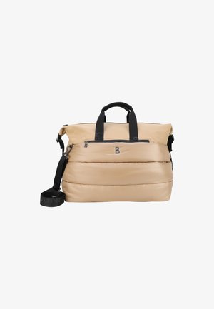 Beige padded tote bag with dual top handles and a detachable shoulder strap, featuring a front zipper pocket and logo detail.