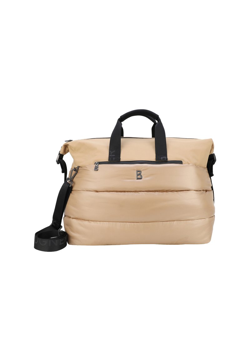 Borsa a tote imbottita beige con manici superiori doppi e tracolla removibile, caratterizzata da una tasca frontale con zip e dettaglio del logo.