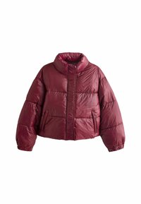 Bordeaux pufferjack met een hoge kraag, kort ontwerp, gestikte textuur, ritssluiting aan de voorkant en twee zijzakken.