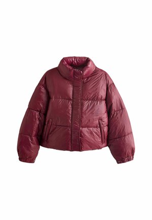 Burgunderfarbene Pufferjacke mit hohem Kragen, verkürztem Schnitt, gestepptem Design, vorderem Reißverschluss und zwei Seitentaschen.