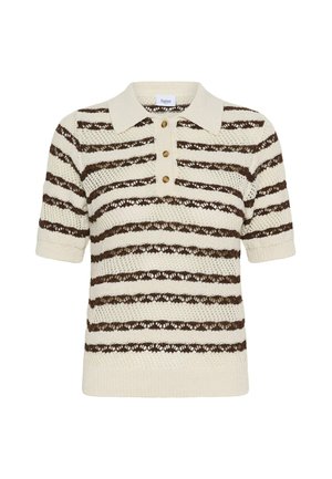 Polo en maille crème à manches courtes avec des rayures horizontales en dentelle marron et trois boutons en bois à l'avant.