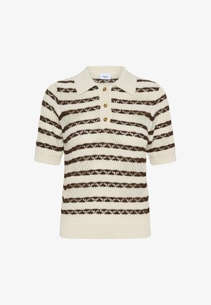 Polo en maille crème à manches courtes avec des rayures horizontales en dentelle marron et trois boutons en bois à l'avant.