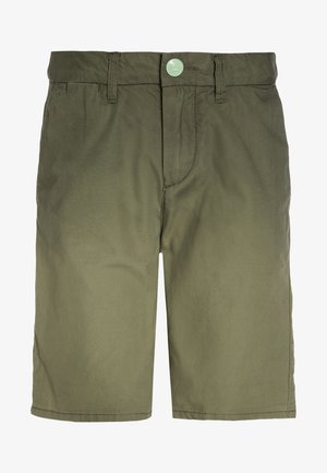 Olivgrüne Shorts aus einem Baumwollmischgewebe, mit vorderer Knopfverschluss, Gürtelschlaufen und Seitentaschen. Glatte Textur, gerader Schnitt.