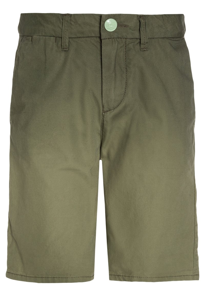 Shorts vert olive en tissu mélangé coton, dotés d'une fermeture à boutons sur le devant, passants pour ceinture et poches latérales. Texture lisse, coupe droite.